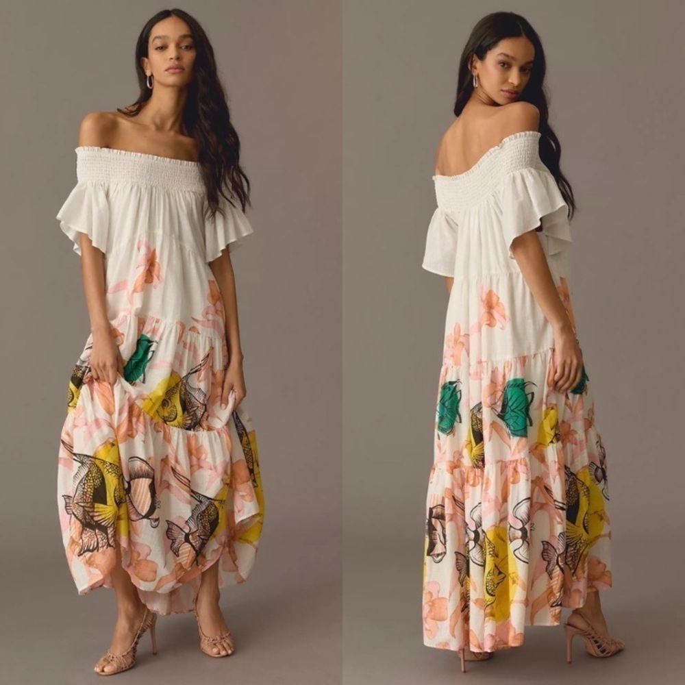Anthropologie Pia Binazzi x Maeve Tiered Off Shoulder Maxi Dress